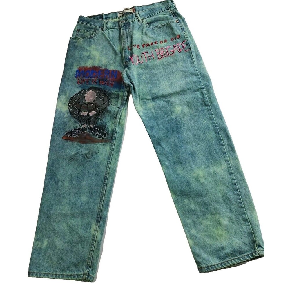 LEVI 550 Custom PUNK men denim Blue Jeans 36x30 Pants One Of Kind Hand Altered